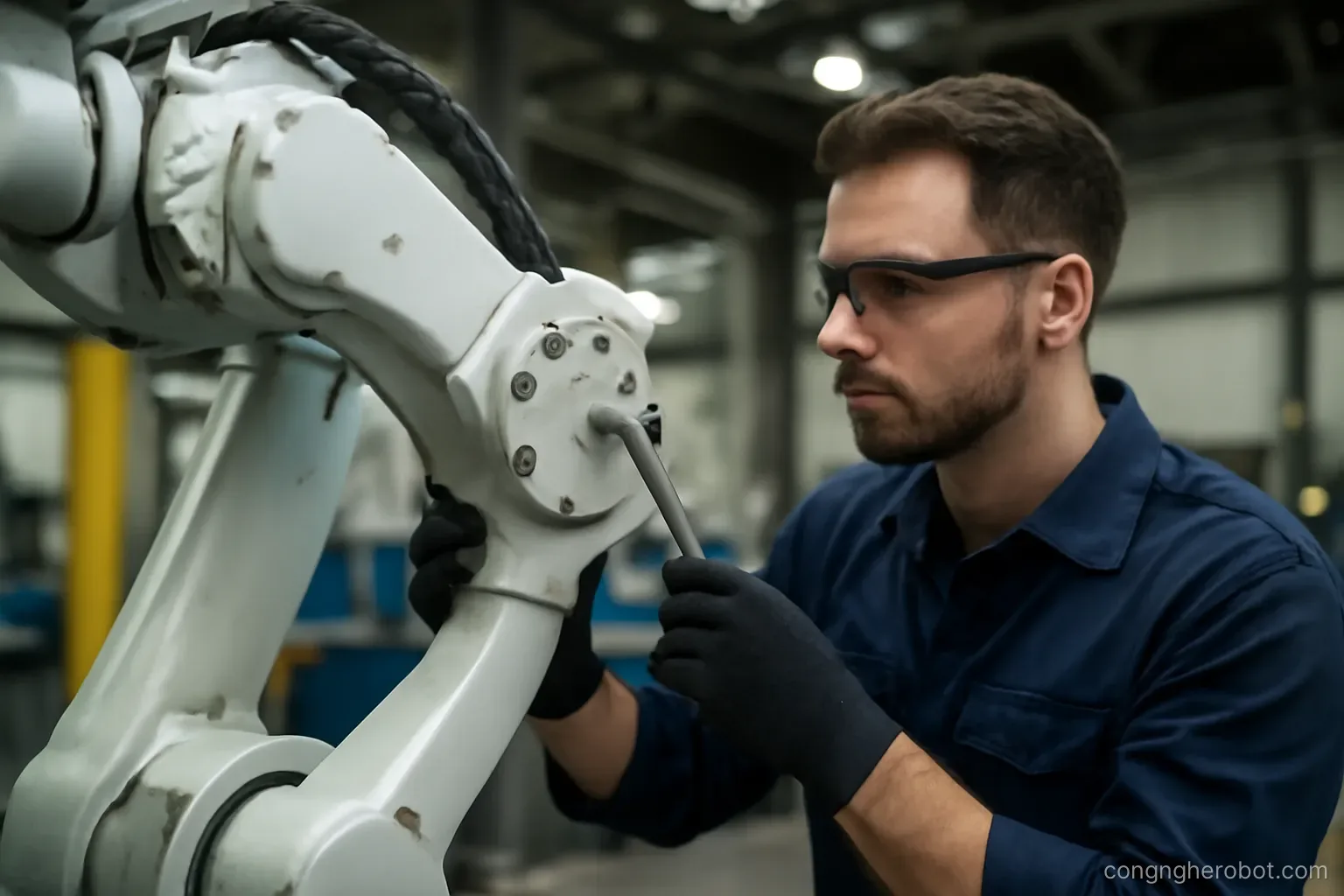 Kỹ thuật viên kiểm tra khớp robot bằng dụng cụ