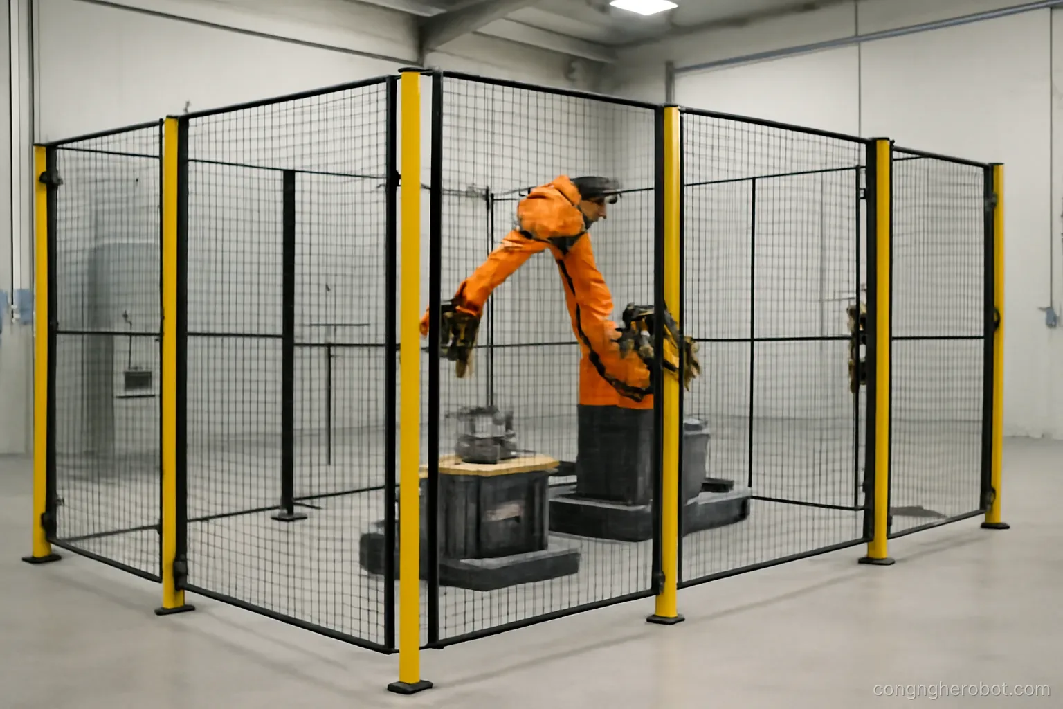 Khu vực robot có rào chắn và cảm biến an toàn