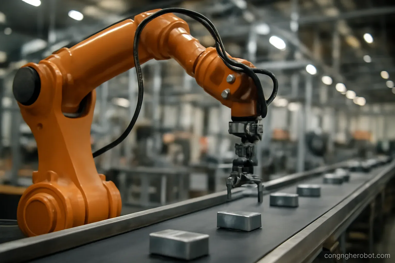 Robot đang gắp chi tiết trên dây chuyền